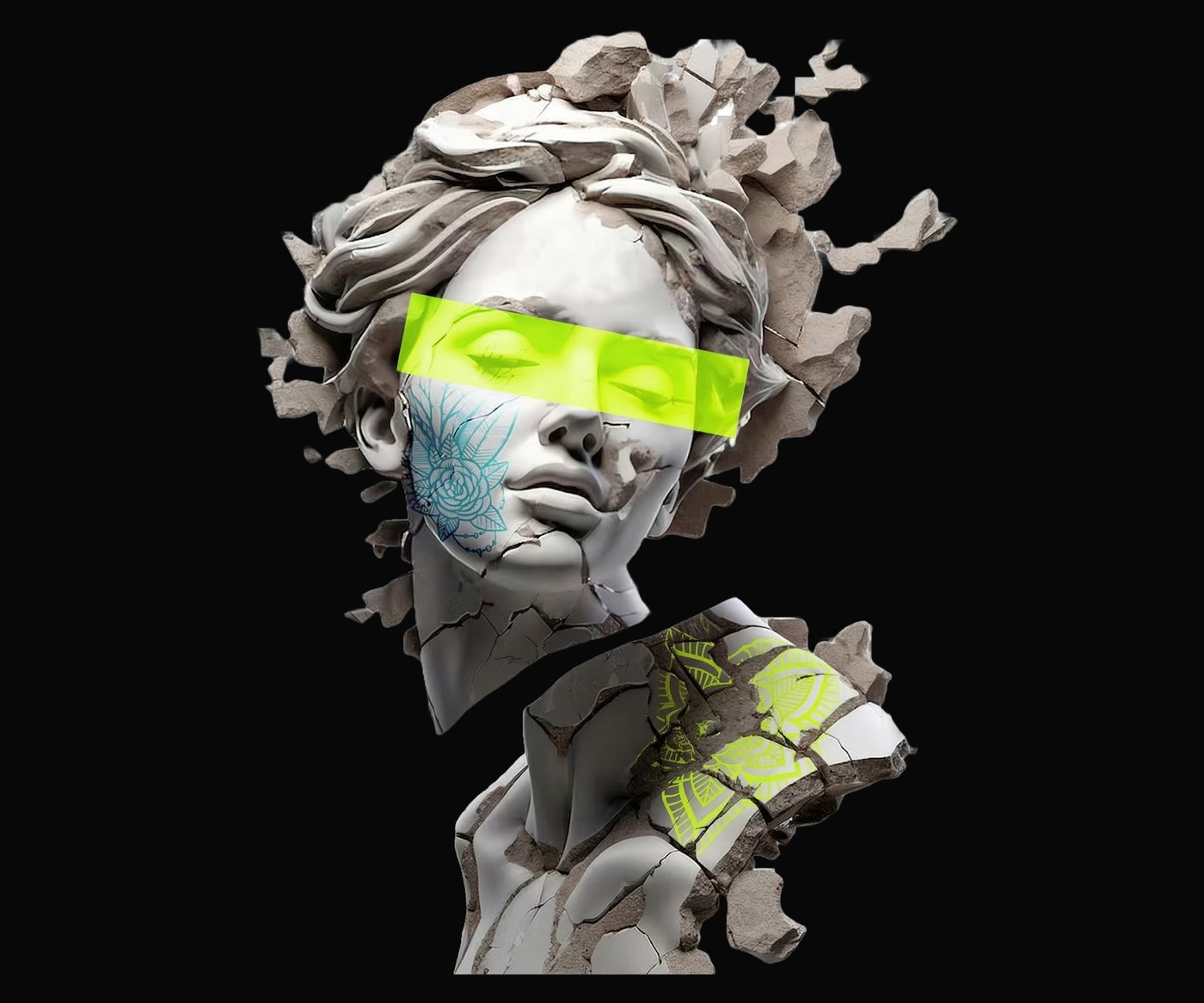 Busto classico frammentato con fascia fluorescente, esempio di direzione artistica R/STARS